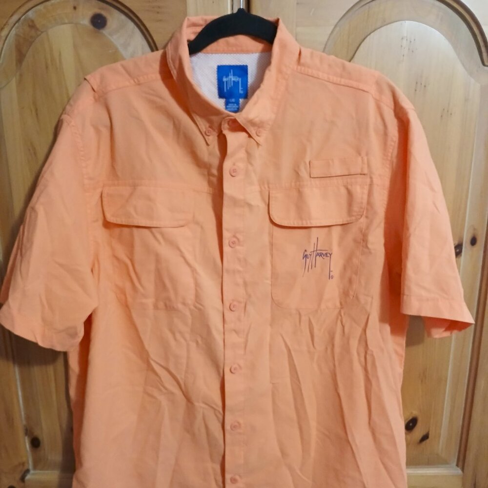 Guy Harvey Men's Size L Orange Vent Back Button Up Short Sleeve Fishing Shirt